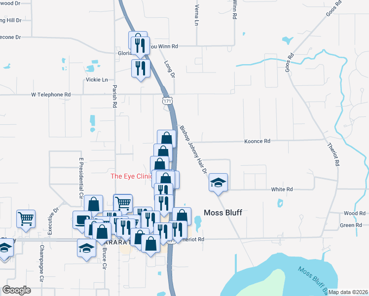 map of restaurants, bars, coffee shops, grocery stores, and more near 531 Old Highway 171 in Moss Bluff