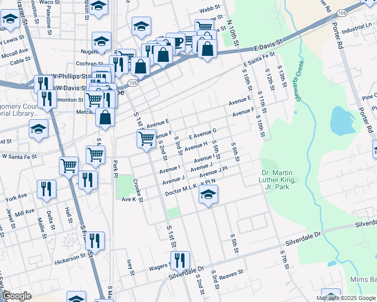 map of restaurants, bars, coffee shops, grocery stores, and more near 513 Avenue H in Conroe