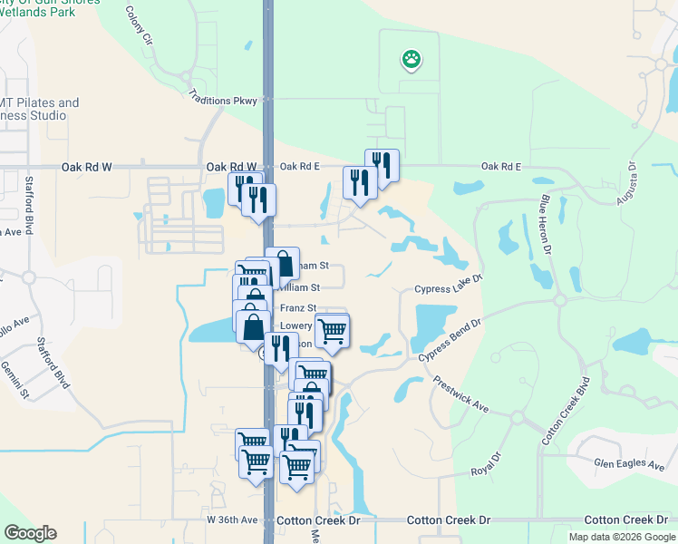 map of restaurants, bars, coffee shops, grocery stores, and more near 5661 Dee Street in Gulf Shores