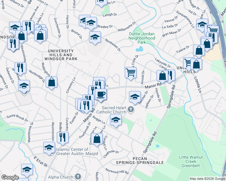map of restaurants, bars, coffee shops, grocery stores, and more near 6103 Manor Road in Austin
