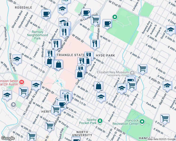 map of restaurants, bars, coffee shops, grocery stores, and more near 4206 Avenue A in Austin