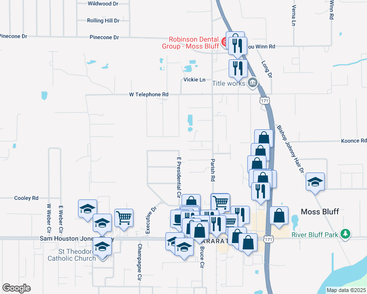 map of restaurants, bars, coffee shops, grocery stores, and more near 430 E Presidential Cir in Lake Charles