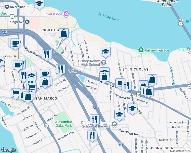 map of restaurants, bars, coffee shops, grocery stores, and more near 2275 Atlantic Boulevard in Jacksonville