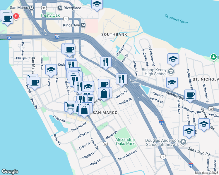 map of restaurants, bars, coffee shops, grocery stores, and more near 1921 Perry Place in Jacksonville