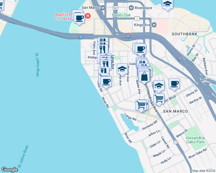 map of restaurants, bars, coffee shops, grocery stores, and more near 1667 San Marco Boulevard in Jacksonville