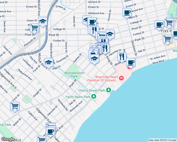map of restaurants, bars, coffee shops, grocery stores, and more near 2820 Herschel Street in Jacksonville