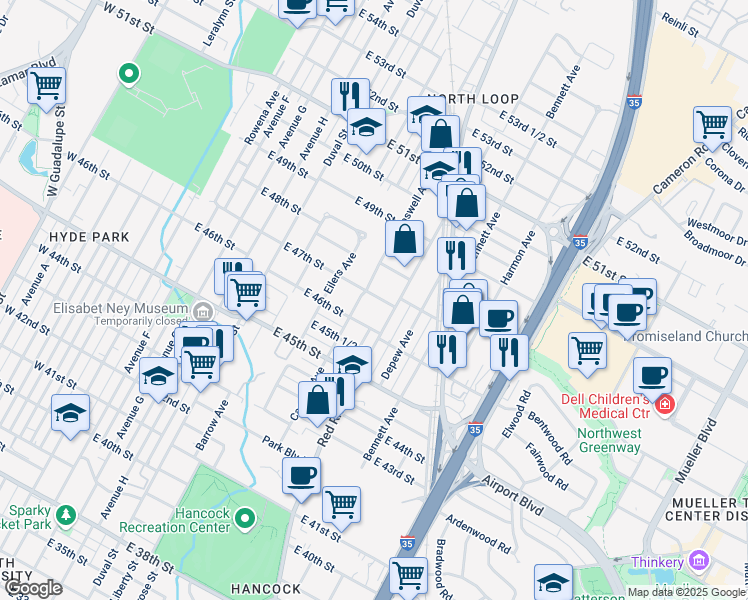 map of restaurants, bars, coffee shops, grocery stores, and more near 803 East 47th Street in Austin