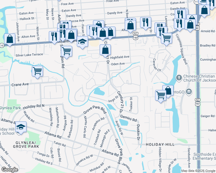 map of restaurants, bars, coffee shops, grocery stores, and more near 537 Eiseman Way in Jacksonville
