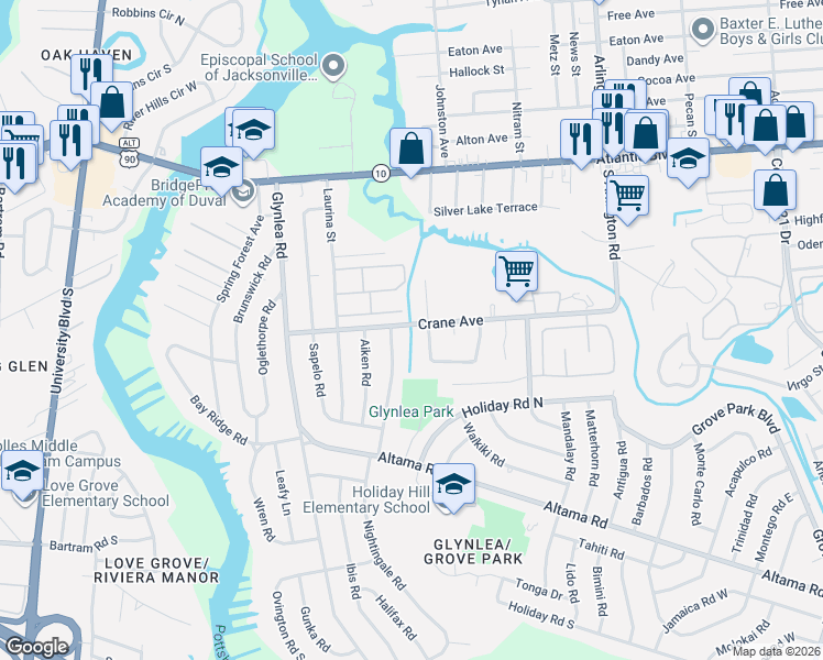 map of restaurants, bars, coffee shops, grocery stores, and more near 414 Tabor Drive South in Jacksonville