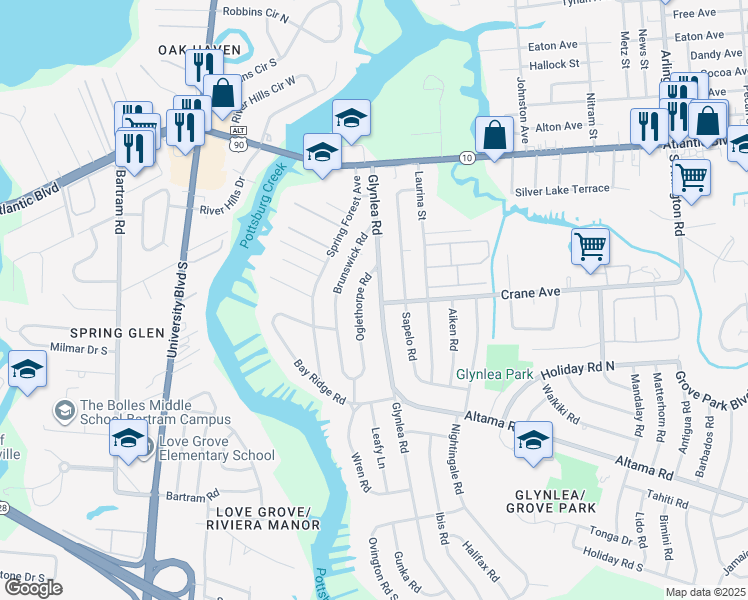 map of restaurants, bars, coffee shops, grocery stores, and more near 411 Oglethorpe Road in Jacksonville