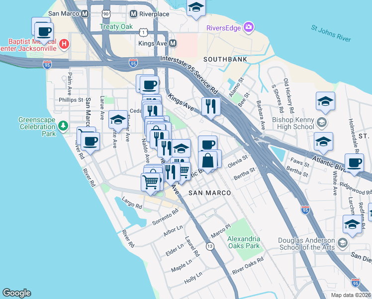 map of restaurants, bars, coffee shops, grocery stores, and more near 1823 Minerva Avenue in Jacksonville
