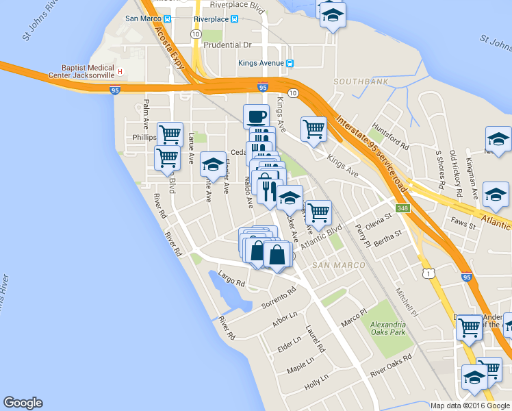 map of restaurants, bars, coffee shops, grocery stores, and more near 1715 Naldo Avenue in Jacksonville