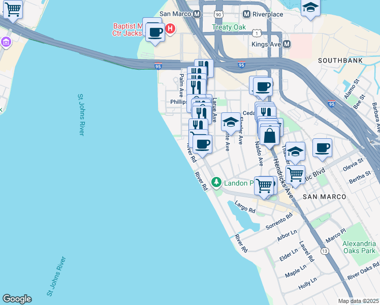 map of restaurants, bars, coffee shops, grocery stores, and more near 1662 River Road in Jacksonville