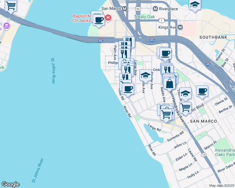 map of restaurants, bars, coffee shops, grocery stores, and more near 1662 River Road in Jacksonville