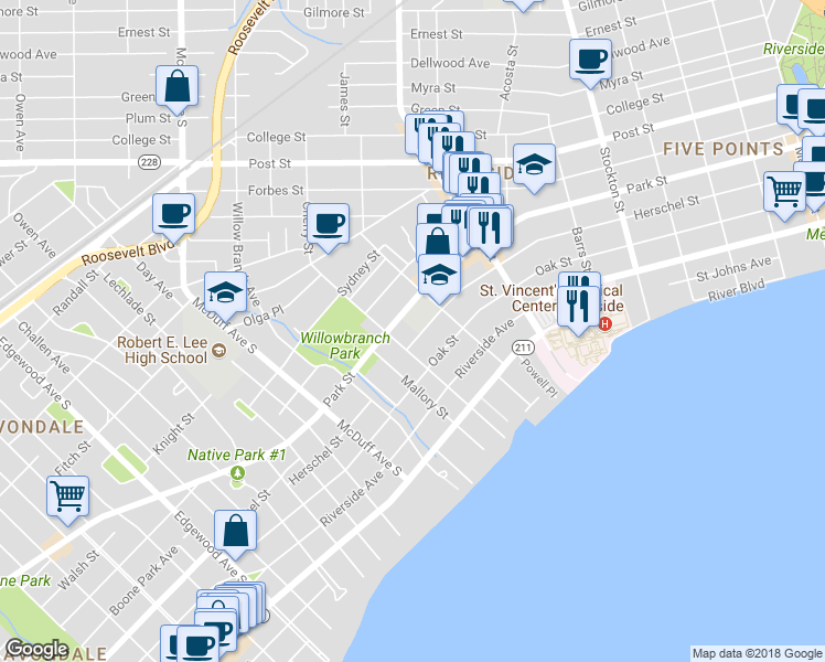 map of restaurants, bars, coffee shops, grocery stores, and more near 2820 Herschel Street in Jacksonville