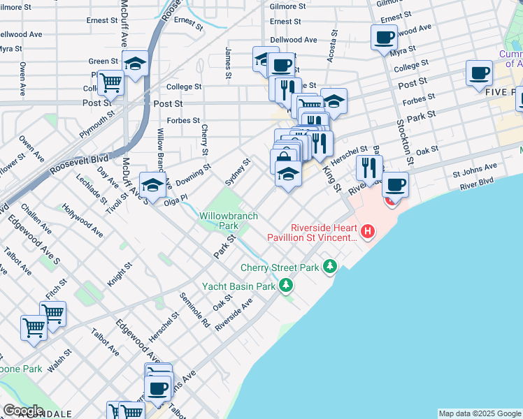 map of restaurants, bars, coffee shops, grocery stores, and more near in Jacksonville