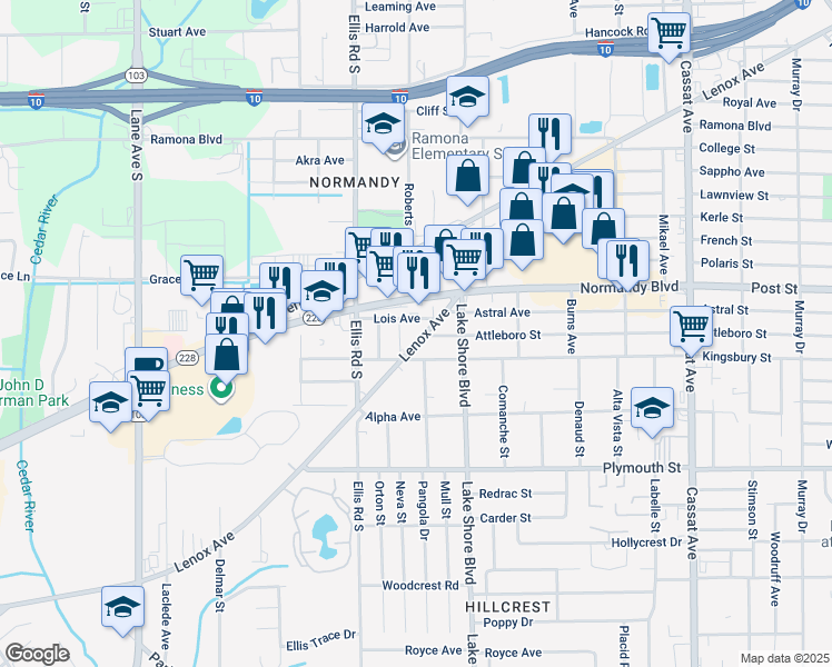 map of restaurants, bars, coffee shops, grocery stores, and more near 5461 Lenox Avenue in Jacksonville