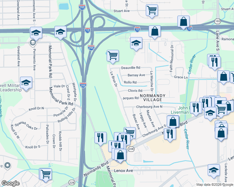 map of restaurants, bars, coffee shops, grocery stores, and more near 858 Le Brun Drive in Jacksonville