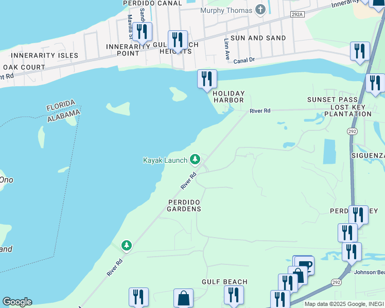 map of restaurants, bars, coffee shops, grocery stores, and more near 14300 River Road in Pensacola