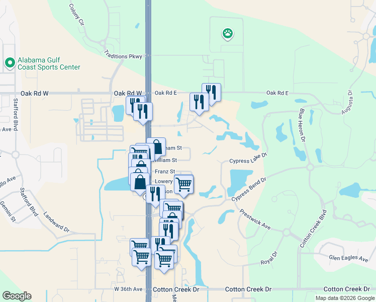 map of restaurants, bars, coffee shops, grocery stores, and more near 5661 Dee Street in Gulf Shores