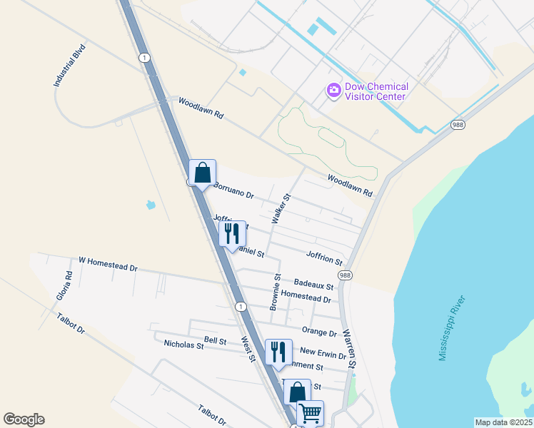map of restaurants, bars, coffee shops, grocery stores, and more near 22140 Walker Street in Plaquemine
