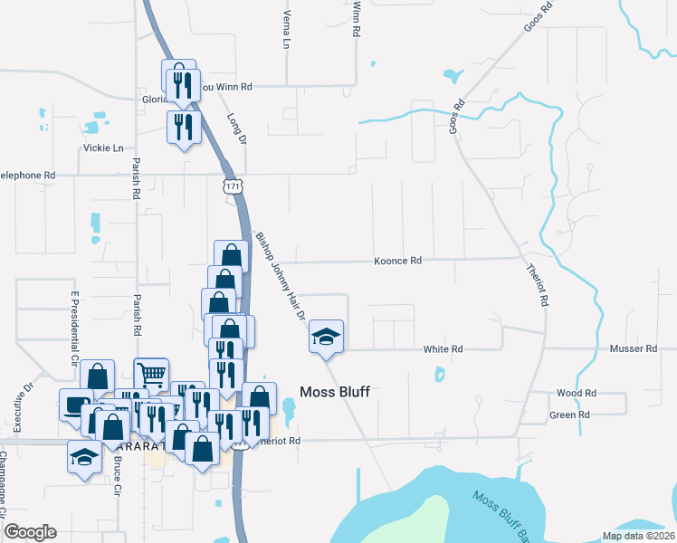 map of restaurants, bars, coffee shops, grocery stores, and more near 539 Koonce Road in Lake Charles