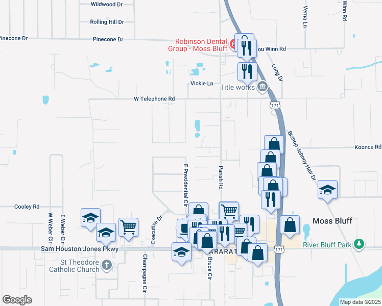 map of restaurants, bars, coffee shops, grocery stores, and more near 430 East Presidential Circle in Lake Charles