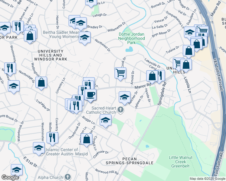 map of restaurants, bars, coffee shops, grocery stores, and more near 6107 Manor Road in Austin