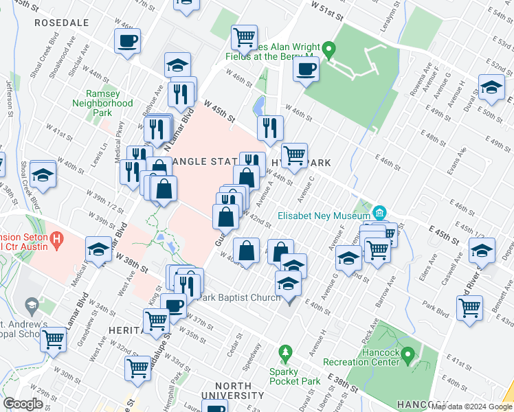 map of restaurants, bars, coffee shops, grocery stores, and more near 4202 Avenue A in Austin