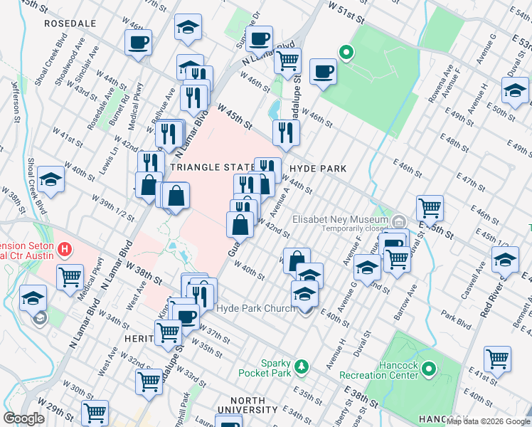 map of restaurants, bars, coffee shops, grocery stores, and more near 4202 Avenue A in Austin
