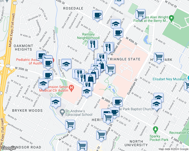 map of restaurants, bars, coffee shops, grocery stores, and more near 1101 West 39th 1/2 Street in Austin