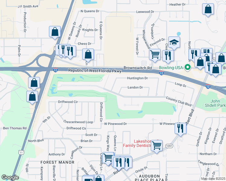 map of restaurants, bars, coffee shops, grocery stores, and more near 338 Country Club Boulevard in Slidell