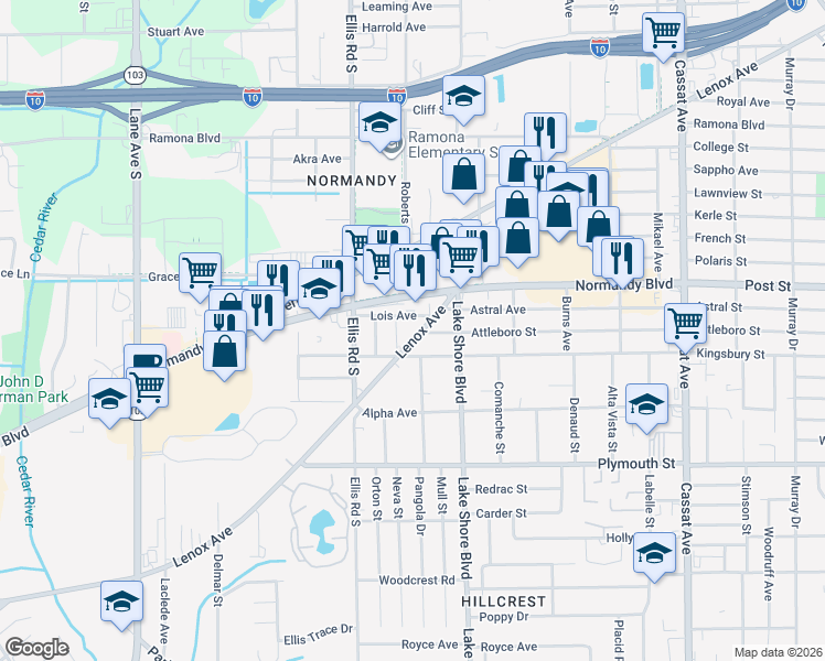 map of restaurants, bars, coffee shops, grocery stores, and more near 5461 Lenox Avenue in Jacksonville