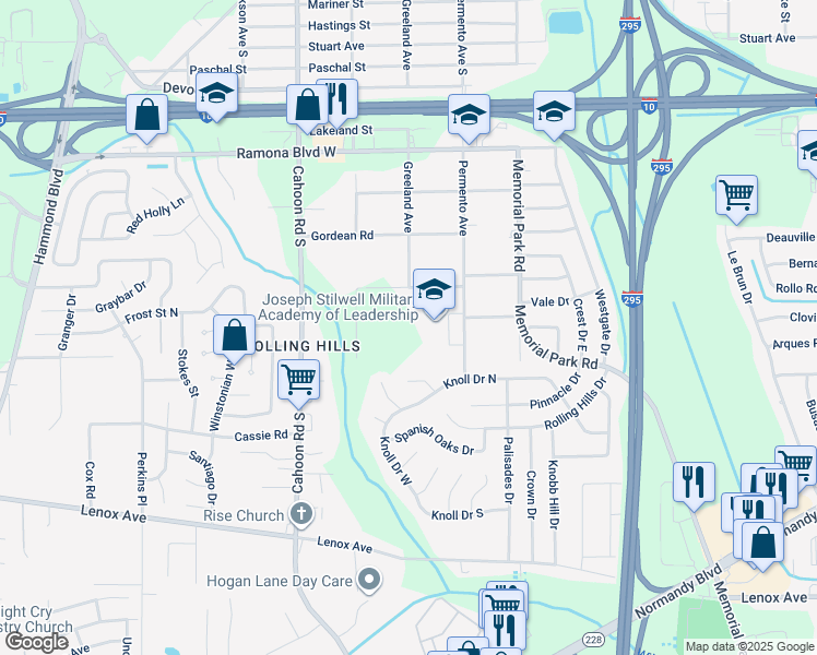 map of restaurants, bars, coffee shops, grocery stores, and more near 7840 Burma Road in Jacksonville