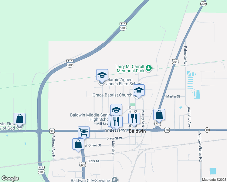 map of restaurants, bars, coffee shops, grocery stores, and more near 595 Cedar Avenue in Baldwin