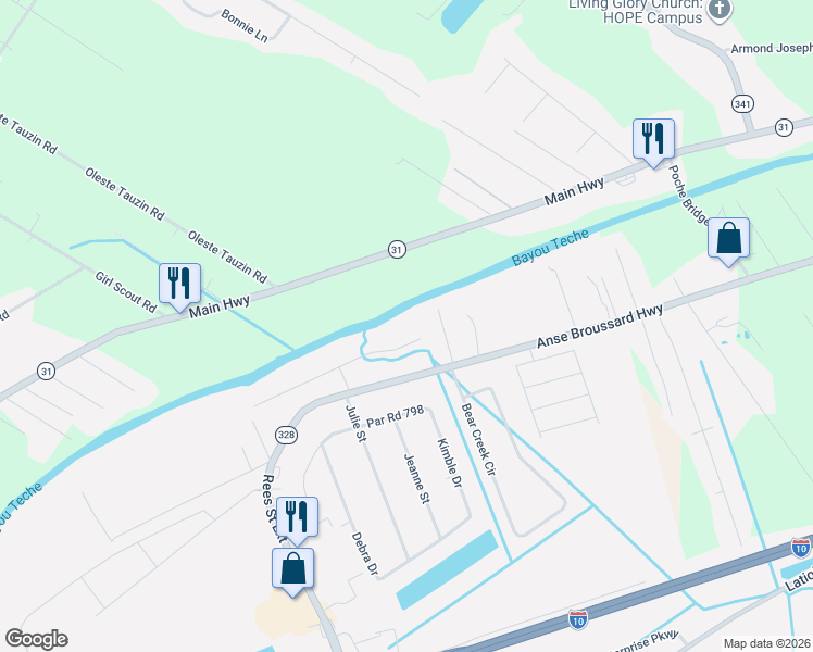 map of restaurants, bars, coffee shops, grocery stores, and more near 1067 Spanish Moss Lane in Breaux Bridge
