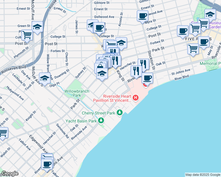 map of restaurants, bars, coffee shops, grocery stores, and more near 2782 Oak Street in Jacksonville