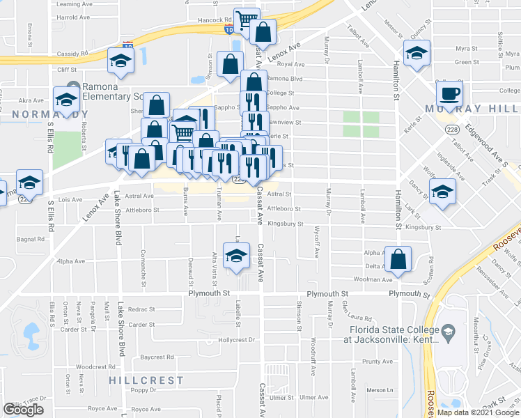 map of restaurants, bars, coffee shops, grocery stores, and more near Cassat Ave & Attleboro St in Jacksonville