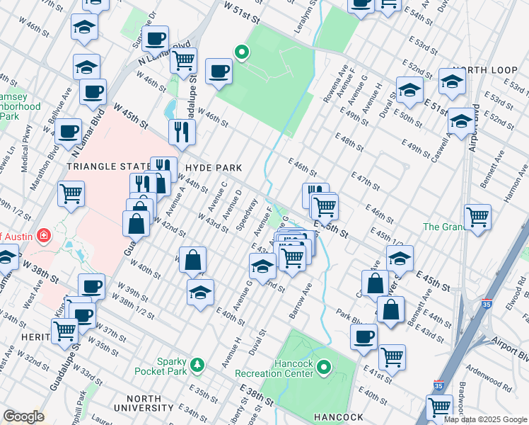 map of restaurants, bars, coffee shops, grocery stores, and more near 4404 Avenue F in Austin