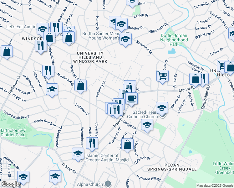 map of restaurants, bars, coffee shops, grocery stores, and more near 2703 Sweeney Lane in Austin