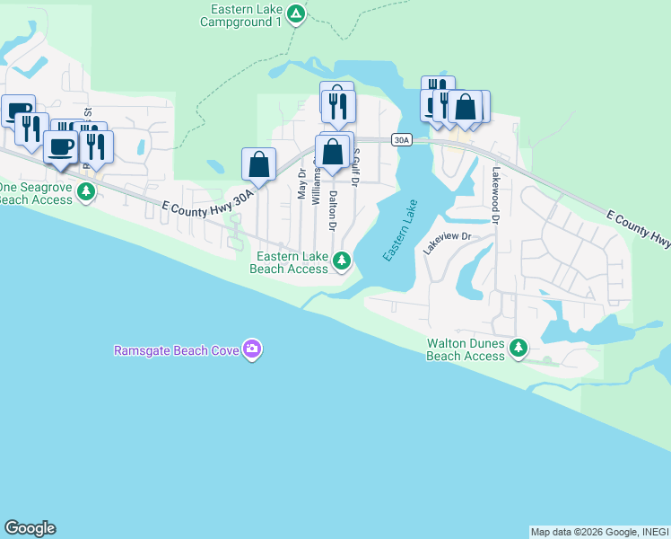 map of restaurants, bars, coffee shops, grocery stores, and more near 498 Eastern Lake Road in Santa Rosa Beach