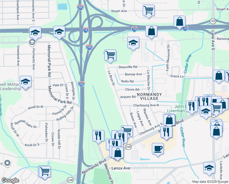 map of restaurants, bars, coffee shops, grocery stores, and more near 858 Le Brun Drive in Jacksonville