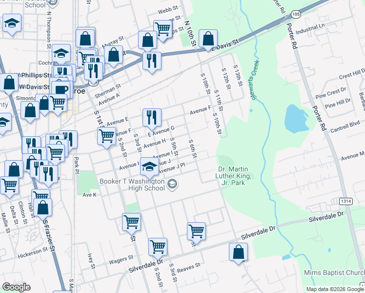 map of restaurants, bars, coffee shops, grocery stores, and more near 710 Avenue I in Conroe