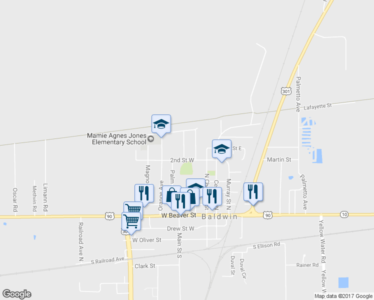 map of restaurants, bars, coffee shops, grocery stores, and more near 595 Cedar Avenue in Baldwin