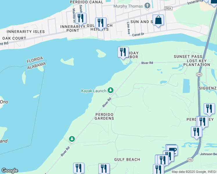 map of restaurants, bars, coffee shops, grocery stores, and more near 14300 River Road in Pensacola
