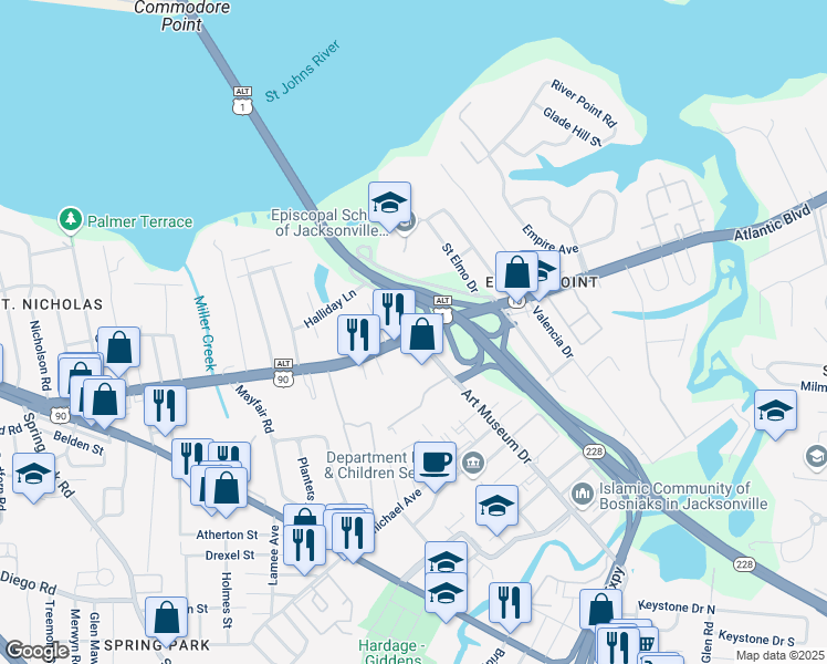 map of restaurants, bars, coffee shops, grocery stores, and more near Atlantic Blvd & Art Museum Dr in Jacksonville