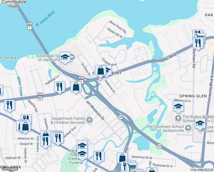 map of restaurants, bars, coffee shops, grocery stores, and more near 1659 Shadowood Lane in Jacksonville