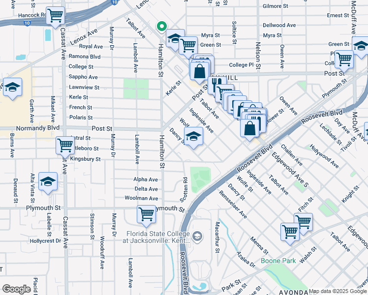 map of restaurants, bars, coffee shops, grocery stores, and more near 1072 Dancy Street in Jacksonville