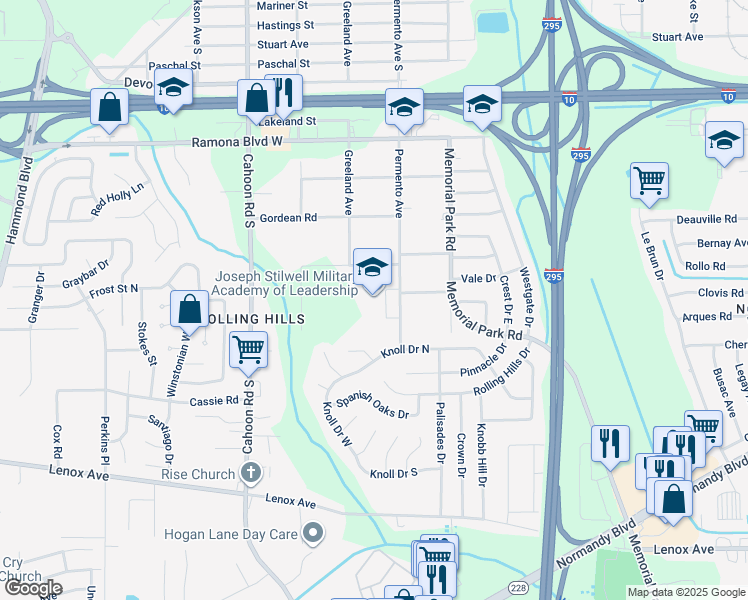 map of restaurants, bars, coffee shops, grocery stores, and more near 7840 Burma Road in Jacksonville