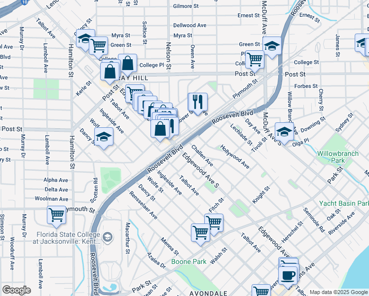 map of restaurants, bars, coffee shops, grocery stores, and more near 1217 Edgewood Avenue South in Jacksonville